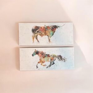 Colorful Bull and Horse Canvas Wall Art - White Background